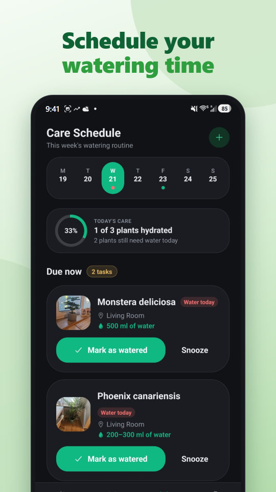 Care schedule with plants due for water